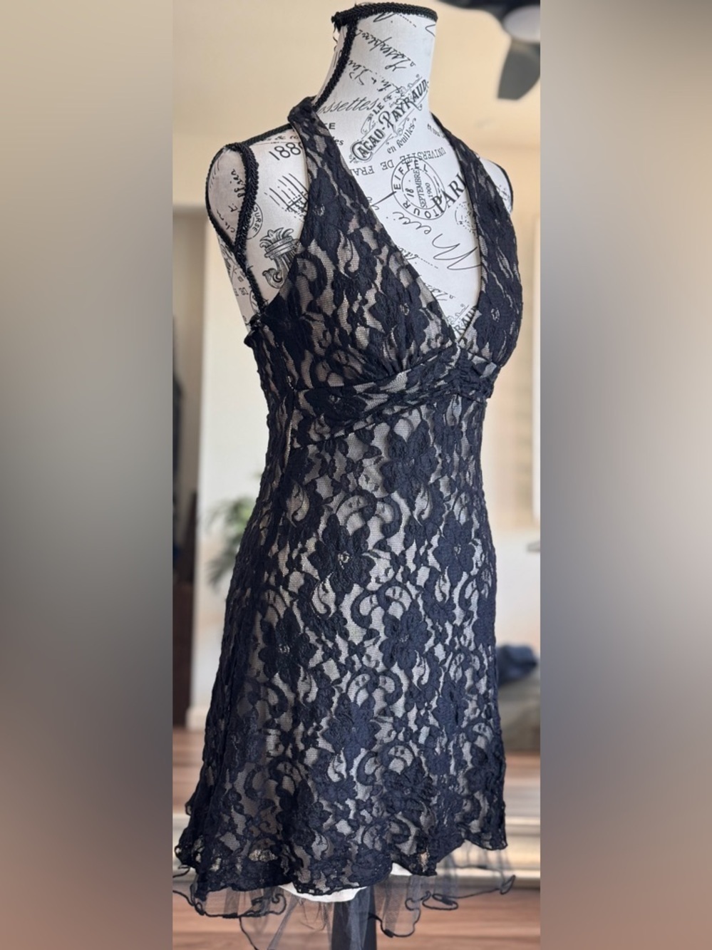 Vintage Y2K Ruby Rox Black Lace Halter Top Dress Whimsy Fairy Goth Size S
